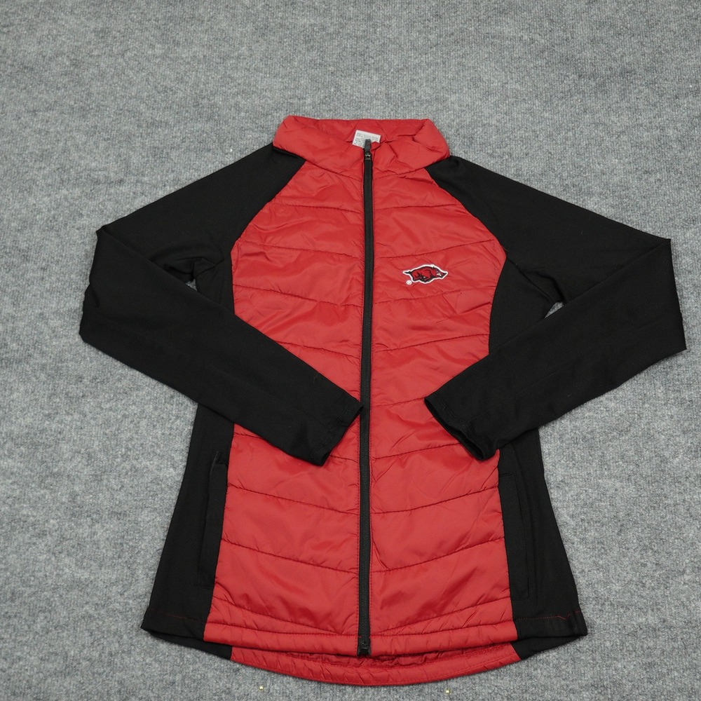 Arkansas Razorbacks Jacket Womens Large Red Black Padded Hybrid Colosseum